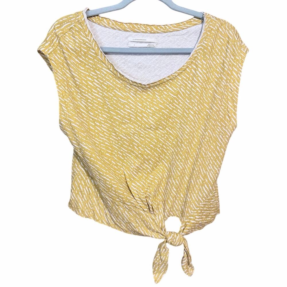 Anthropologie mustard yellow zebra print cotton linen top front tie cap sleeve M